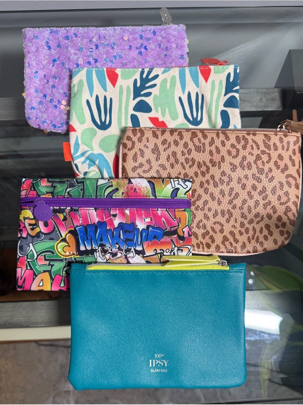 IPSY Cosmetic Pouch 5 piece collectible Glam, Graffiti, leopard, sequin, Nature
